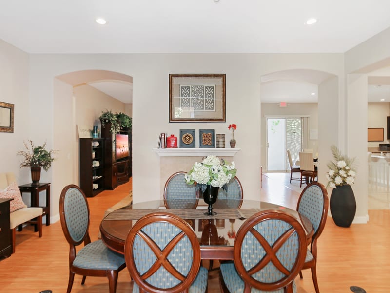 Bright dining room where residents share home-cooked meals